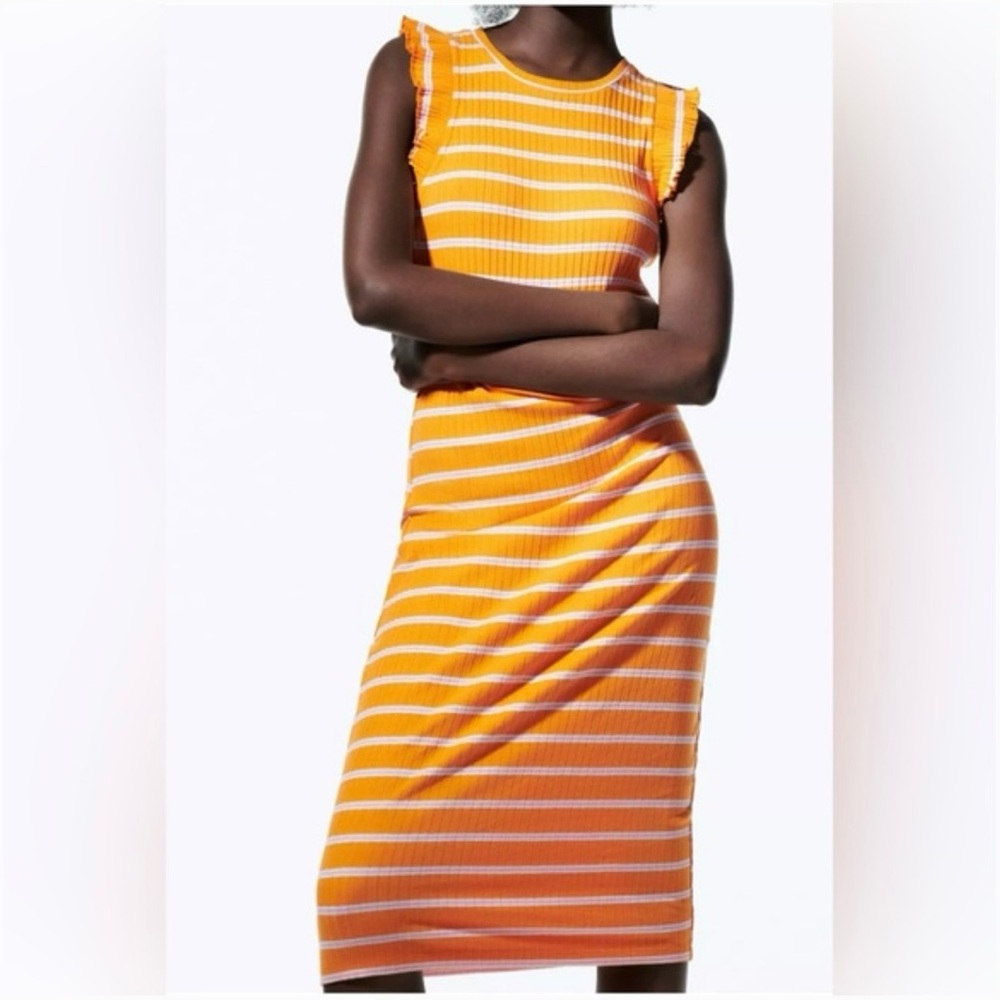 Zara Orange and White Striped Midi Dress
